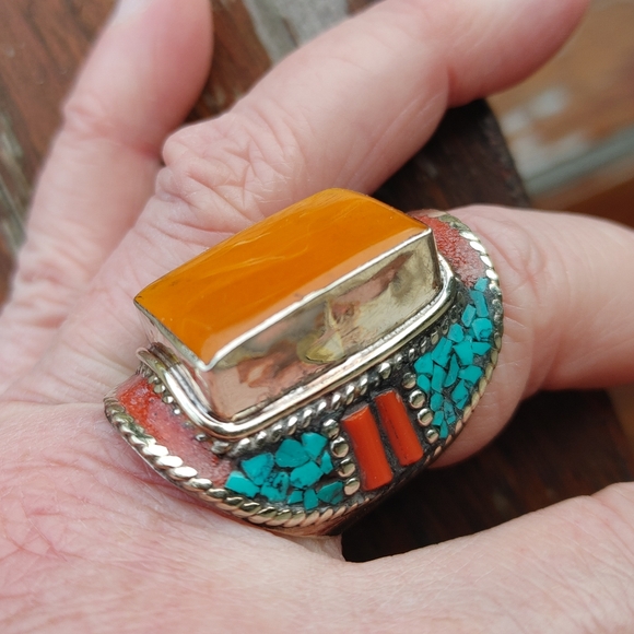 Artisan Orange and Turquoise Ring - Picture 2 of 14